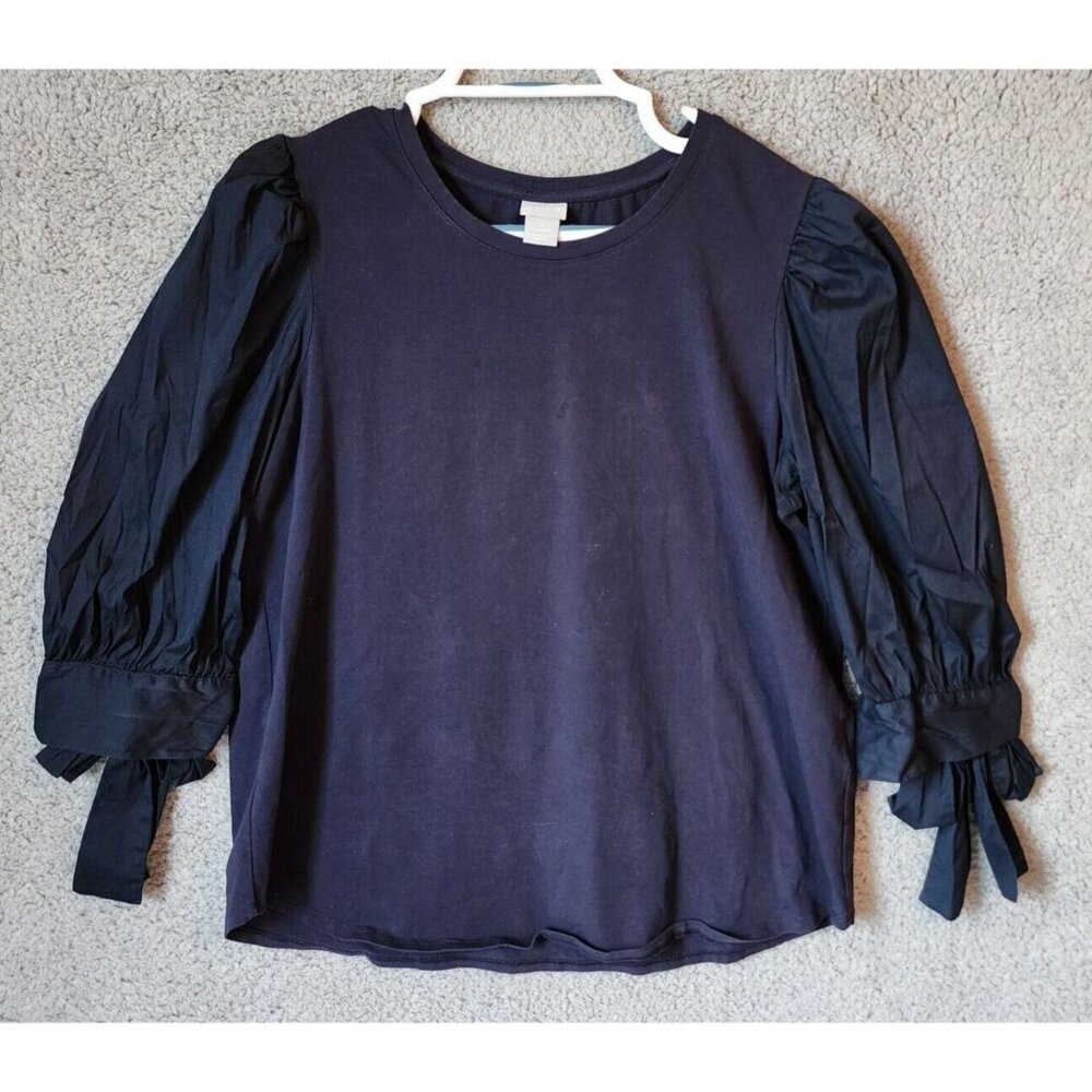 Chico's Women's 3/4 Puff Sleeve Blouse Top Navy Blue Bow Accents Size 2‎ (L)